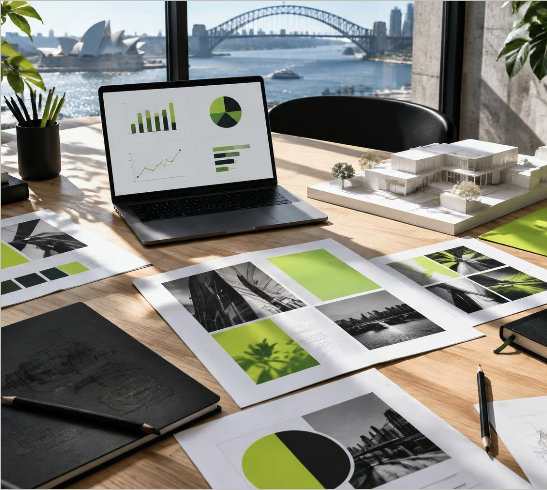 Bakaya strategy desk with laptop, charts, and a Sydney Harbour view — the BAKAYA Growth Engine